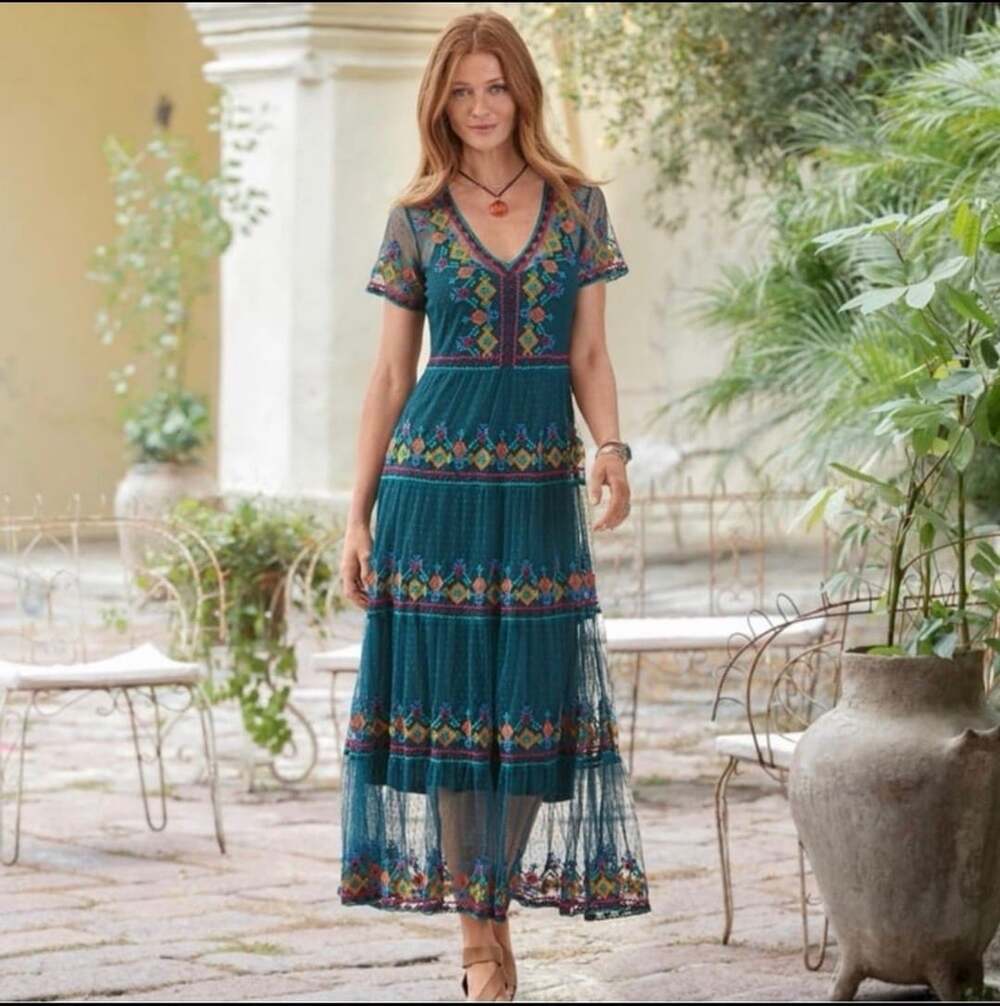 Sundance Alize Embroidered Mesh Maxi Dress Teal Small